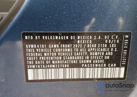 2017 Volkswagen Jetta 1.4T S z USA, uszkodzony, nr VIN 3VW167AJ4HM227586